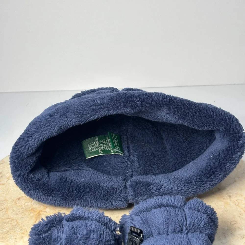 LL Bean Toddler Hat and Mittens Set Navy Blue Fleece Bear Ears 6-12M‎ Hi-Pile